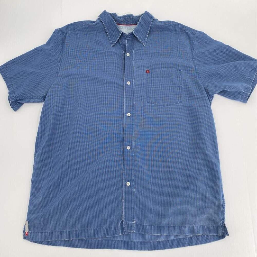 Quiksilver Mens Button Front Shirt Blue White Plaid Short Sleeve Pocket L